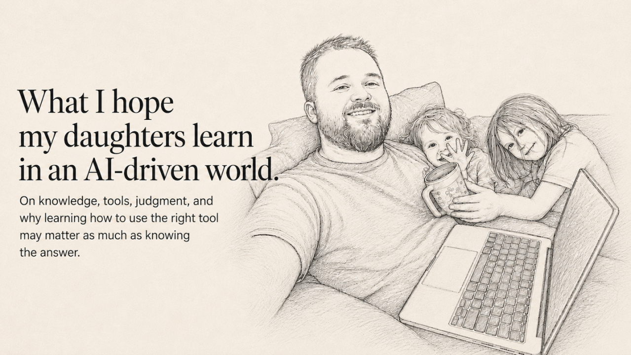 Sketch-style image of Braxton McKee with his daughters and a laptop for an article about AI and learning.