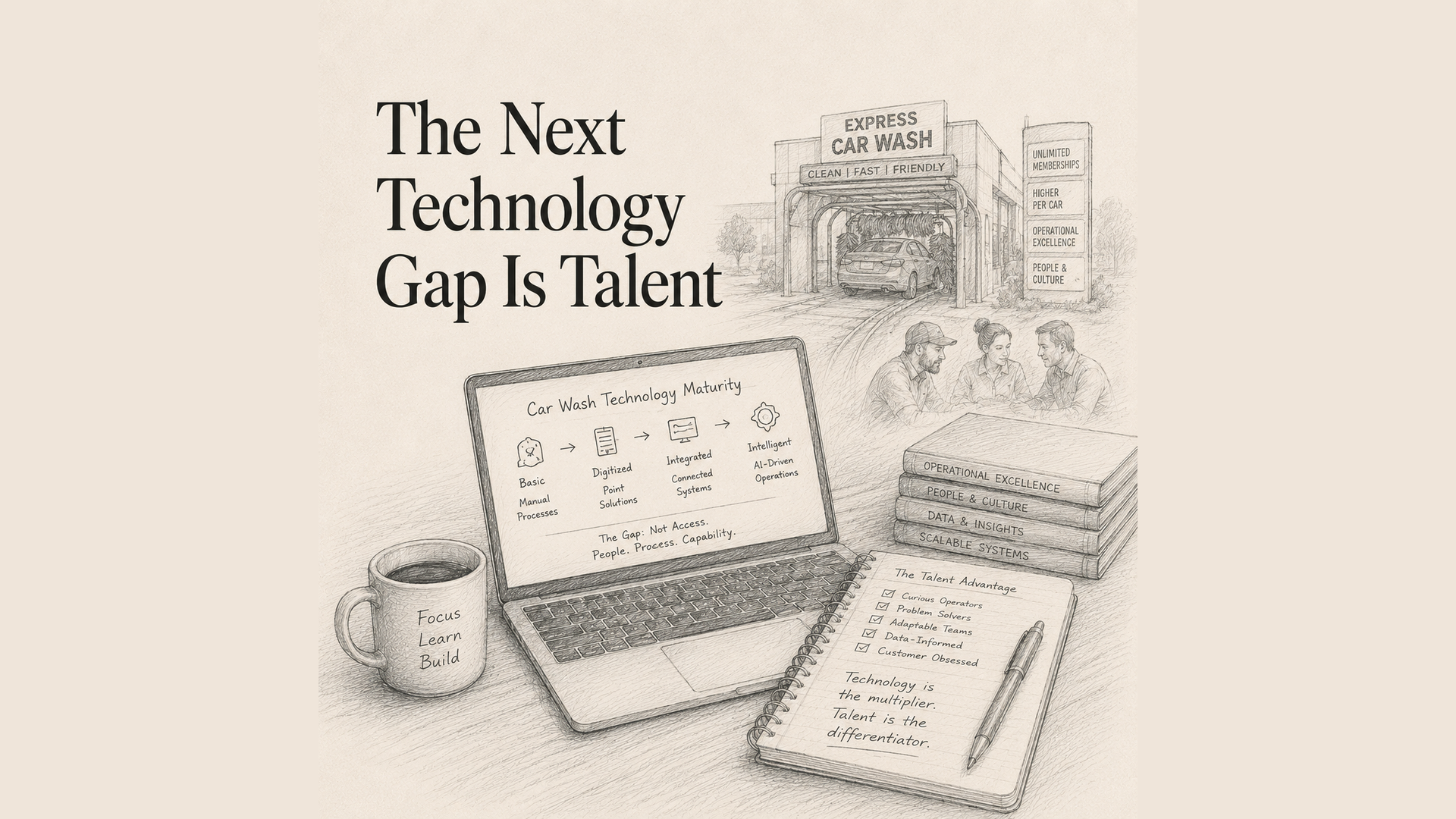 Sketch-style article hero showing car wash technology maturity and operational capability.